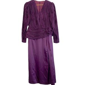 Vintage Lee Jordan Pleated Silky Purple Long Sleeve Midi Dress Size 10